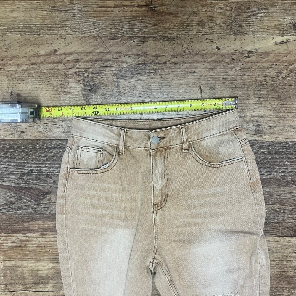 Unbranded Tan Distressed Flare Jeans High Rise Ripped Raw Hem Sand Wash Size M - Picture 6 of 10